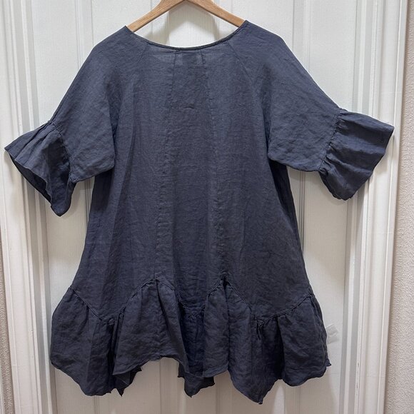Match Point Women's 100% Linen Oversized Tunic Top Size M Gray Ruffle Accents - Picture 10 of 12